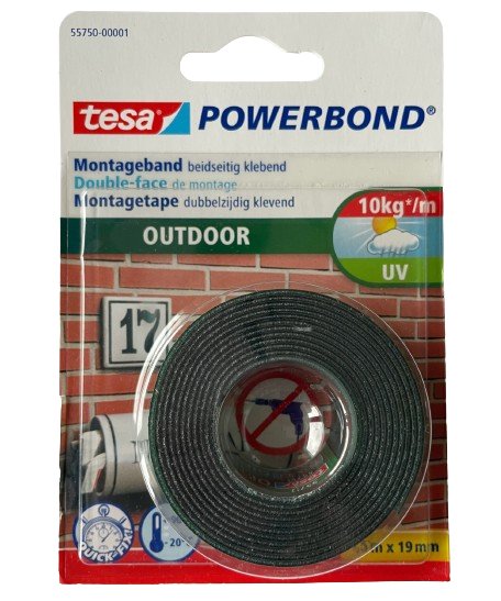 tesa Powerbond Outdoor - Doppelseitiges Montageband für den Aussenbereich - Wasserfestes, starkes, UV-beständiges Klebeband - 1.5 m x 19 mm, 5 m x 19 mm - QOOANTO-SIGN