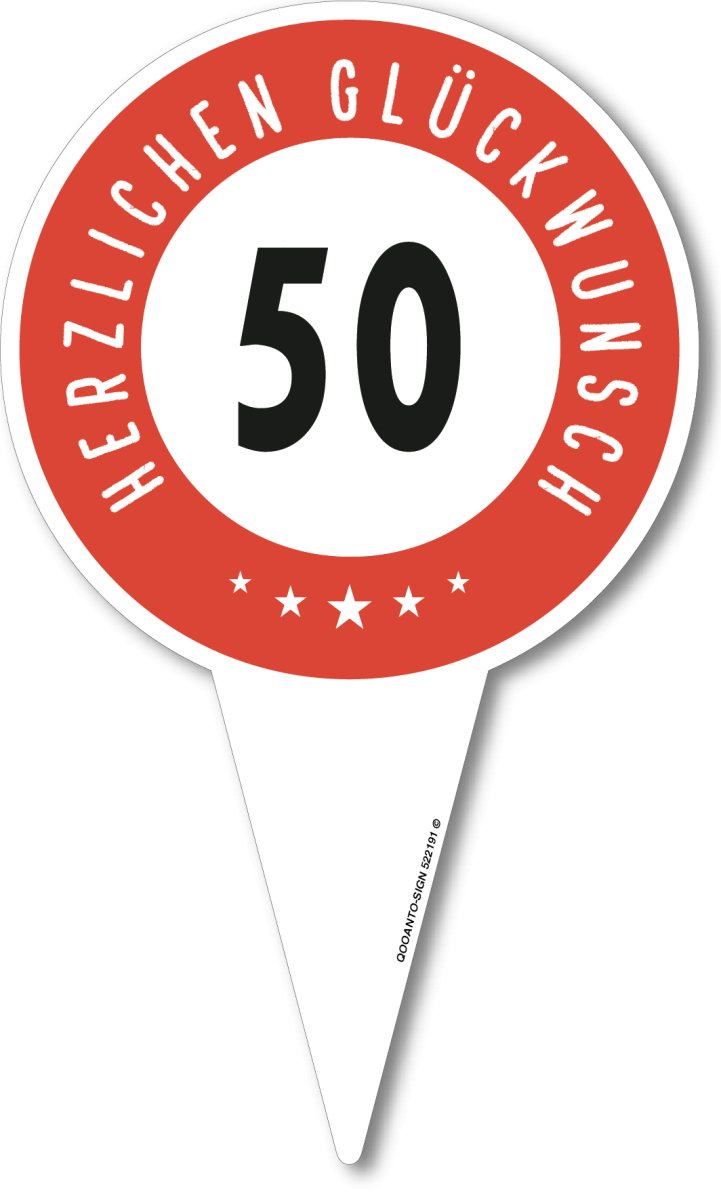 50 Geburtstagsschild mit Text "Herzlichen Glückwunsch" als Steckschild mit Erdspiess aus Alu-Verbund mit UV-Schutz - QOOANTO-SIGN