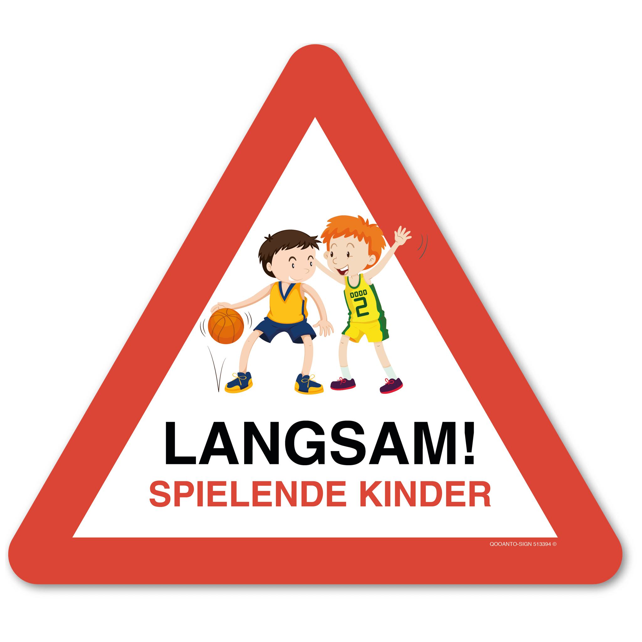 Warndreieck Langsam! Spielende Kinder Zwei Jungs mit Basketball, Schild oder Aufkleber