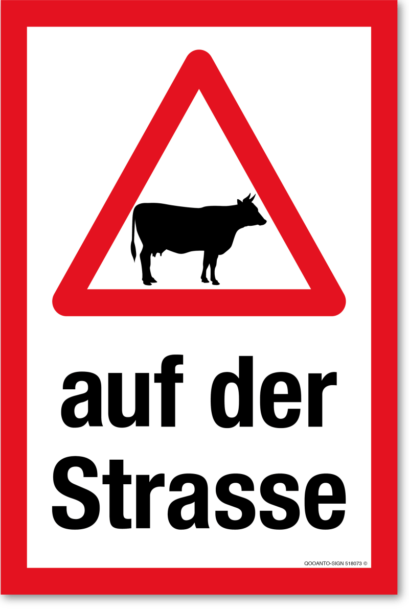 Achtung Kühe Schild oder Aufkleber, Warndreieck Mit Kuh Auf Der Strasse, aus Alu-Verbund oder Selbstklebefolie mit UV-Schutz - QOOANTO-SIGN