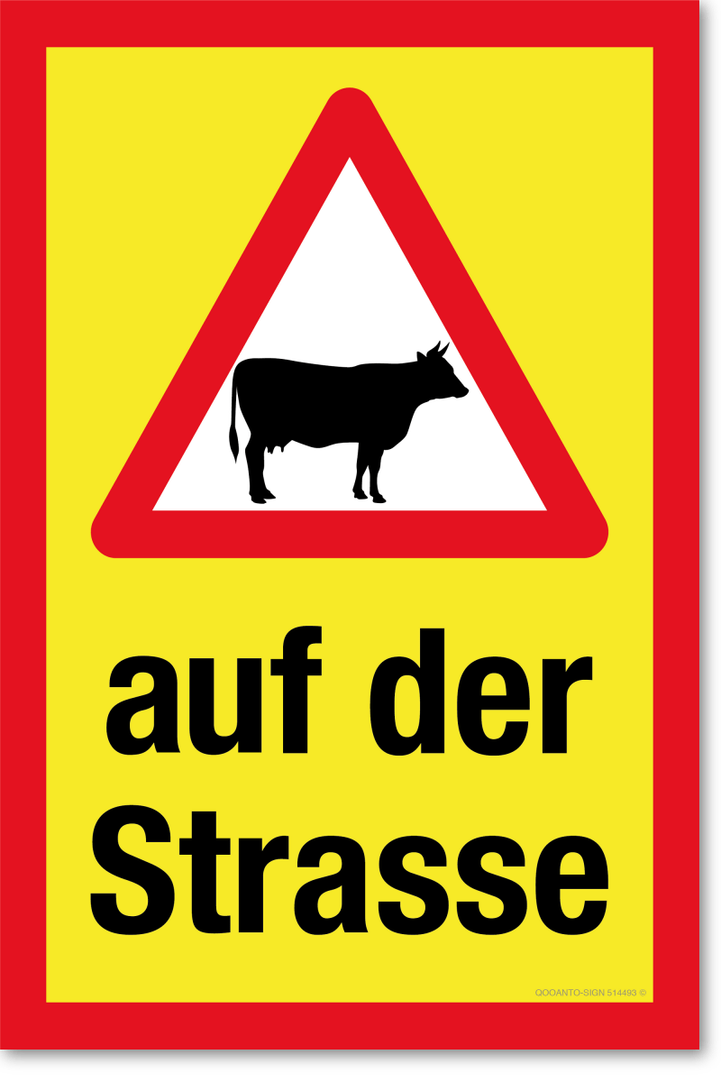 Achtung Kühe Schild oder Aufkleber, Warndreieck Mit Kuh Auf Der Strasse, aus Alu-Verbund oder Selbstklebefolie mit UV-Schutz - QOOANTO-SIGN